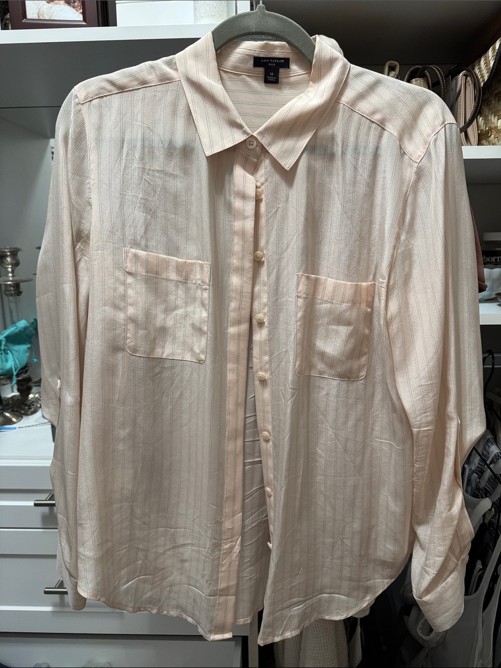 Ann Taylor Pale Blush Button-Down Silk Shirt with Chest Pockets